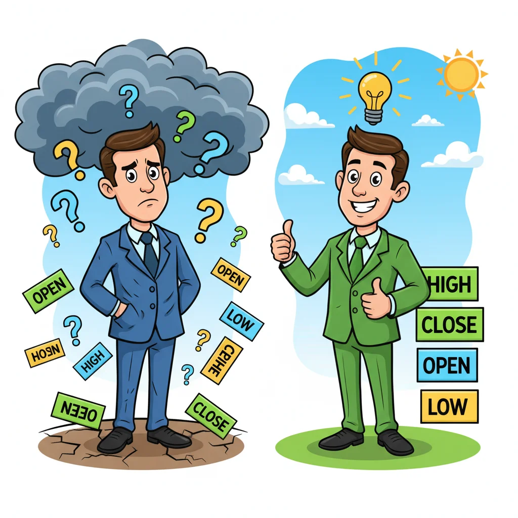 Cartoon comparison showing confused trader vs. confident trader understanding the four candlestick components