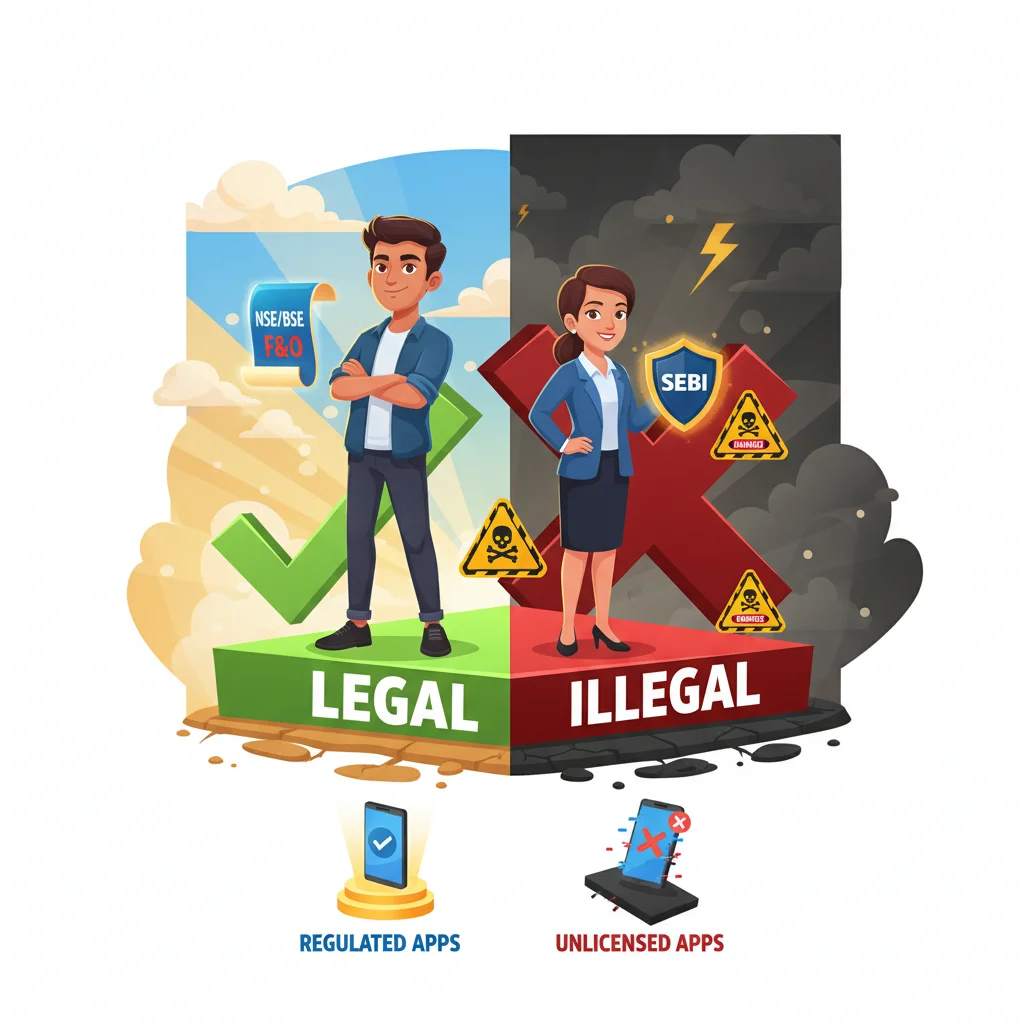 Cartoon trader on legal platform with shield, illegal apps blocked by red warning in background