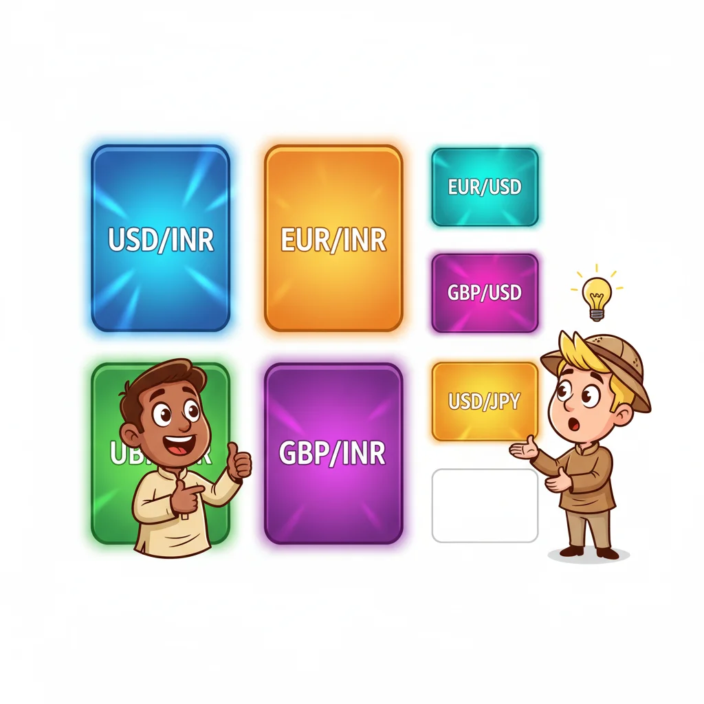 Cartoon illustration showing currency trading pairs in colorful cards with two trader characters - one confidently pointing at major INR pairs and another discovering lesser-known cross-currency pairs.