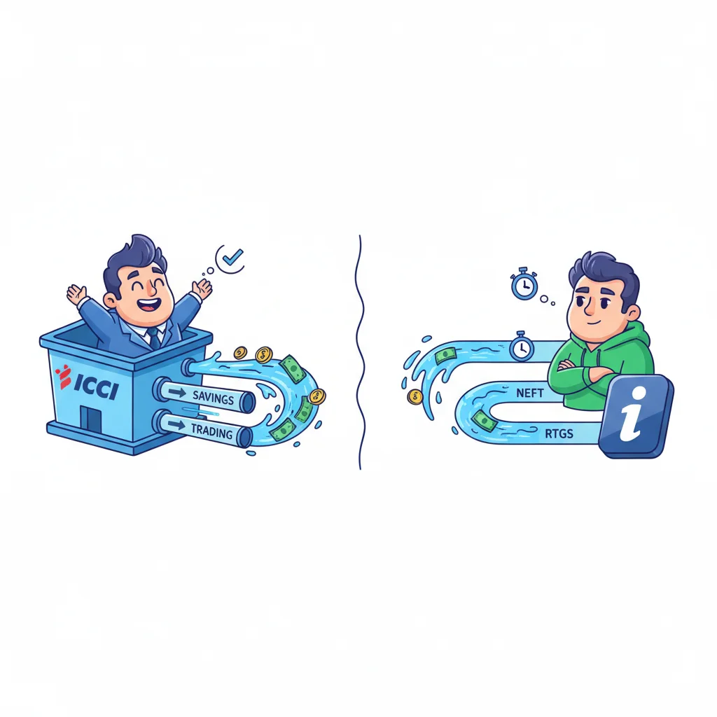 Cartoon comparison of two traders: one inside ICICI bank with instant money flow between accounts, one outside using traditional transfer methods with clock delays