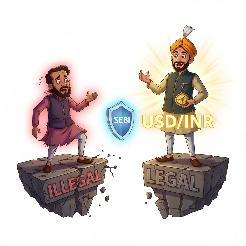 Cartoon trader on solid legal platform vs. one on cracking illegal cliff, SEBI shield between them