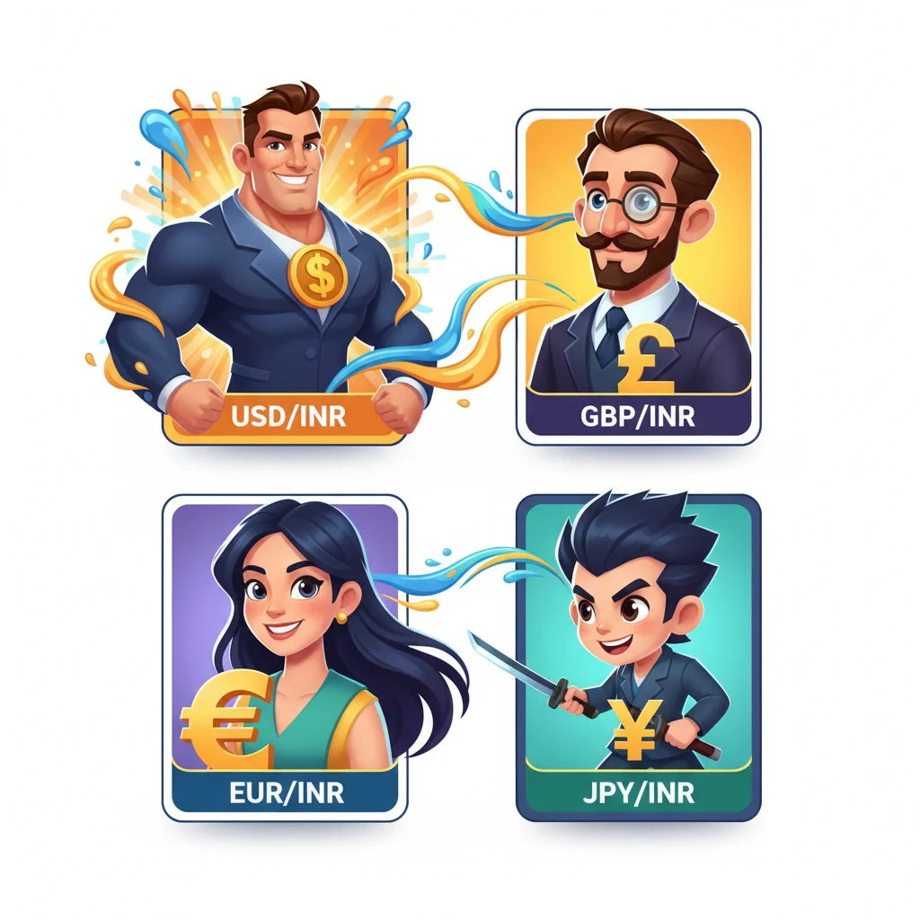 Cartoon illustration of four currency pair characters in a card grid, with USD/INR prominently featured as the strongest, most glowing character, representing its dominance in Indian forex trading