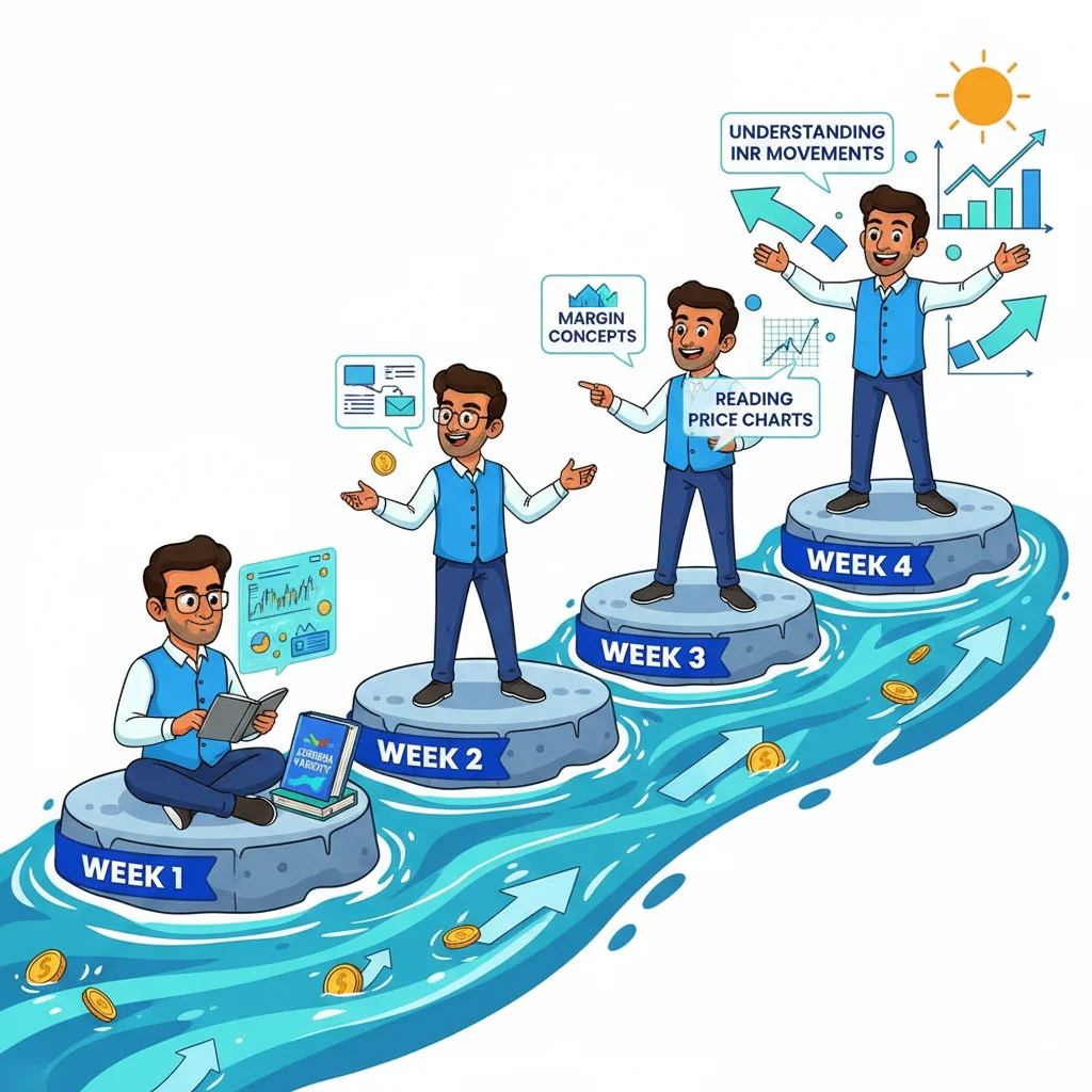 Cartoon stepping stones showing trader progression through 4-week education phase, learning forex basics without live trading