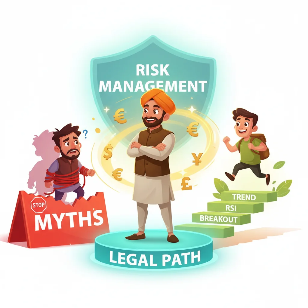 Cartoon trader confidently walking legal path with currency symbols, shield, and 5 trading strategies glowing in background