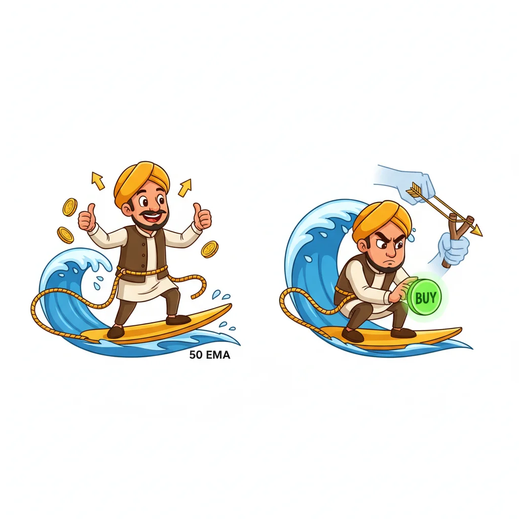 Cartoon comparison of trend trader riding above 50 EMA line (confident entry) versus waiting for pullback to EMA (strategic entry point)