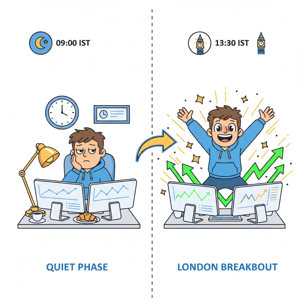 Side-by-side cartoon comparison of a trader during quiet morning hours versus energized trader at London market open (1:30 PM IST), showing the dramatic shift in trading activity and volatility.