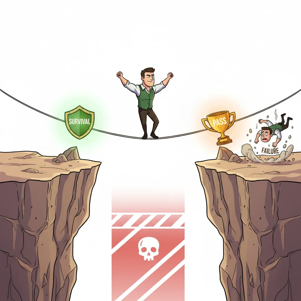Cartoon trader balancing on tightrope between survival and failure cliffs
