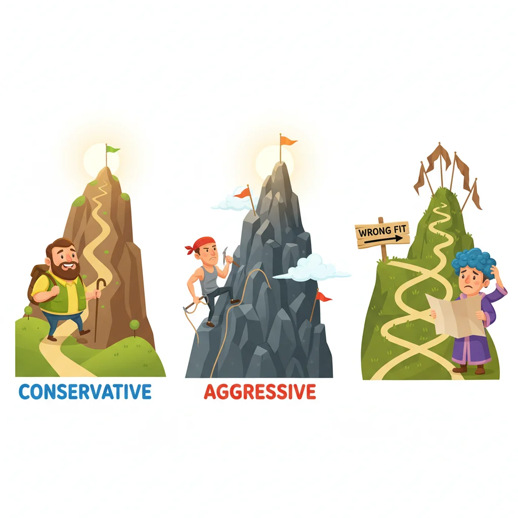 Three cartoon traders on different difficulty paths up mountains, representing choosing the right prop firm challenge