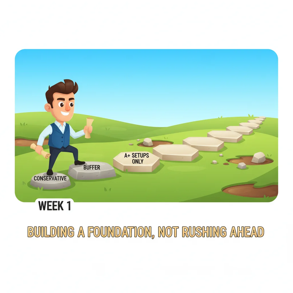 Cartoon trader character carefully stepping across foundation stones labeled with conservative trading principles during week 1 of a 30-day challenge