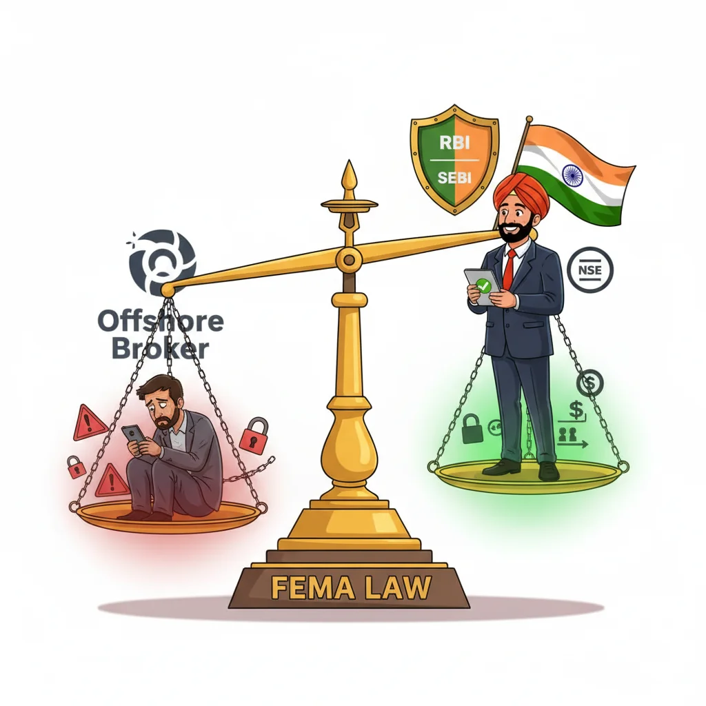 Balance scale showing legal forex trader on safe side vs illegal offshore broker trap on risky side