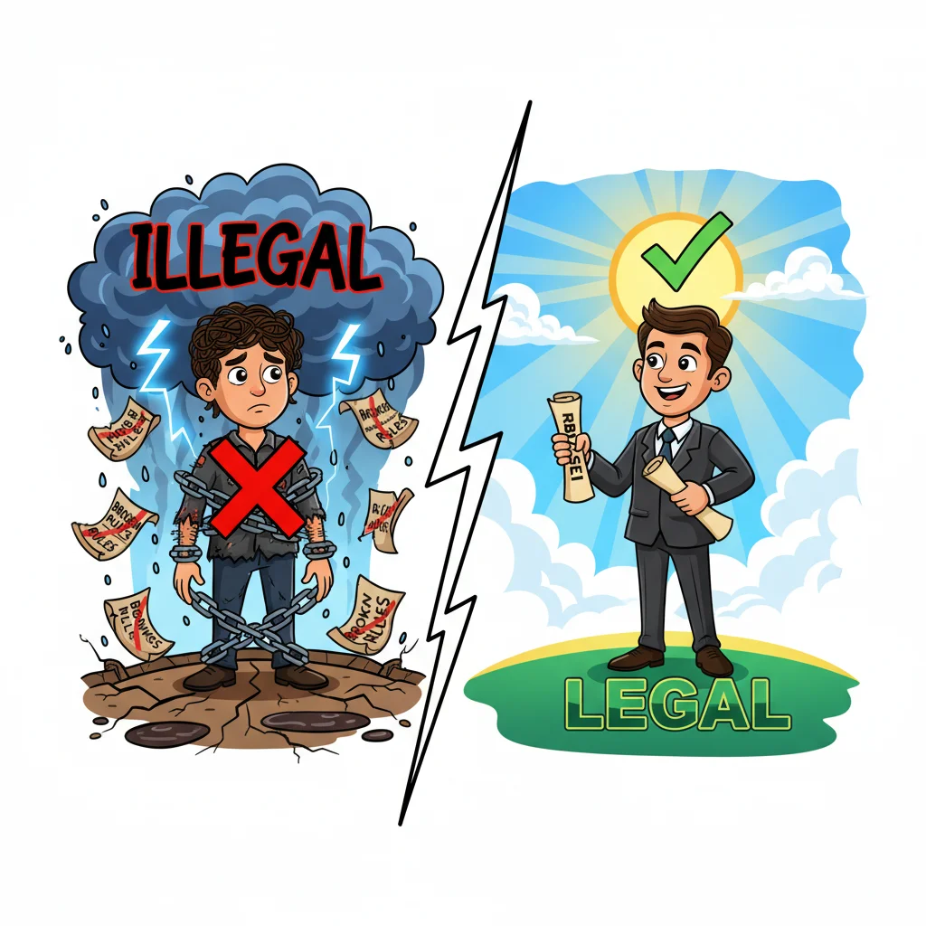 Side-by-side cartoon comparison showing an illegal forex trader on the left surrounded by storm clouds and chains versus a legal trader on the right standing in sunshine with RBI/SEBI approval documents