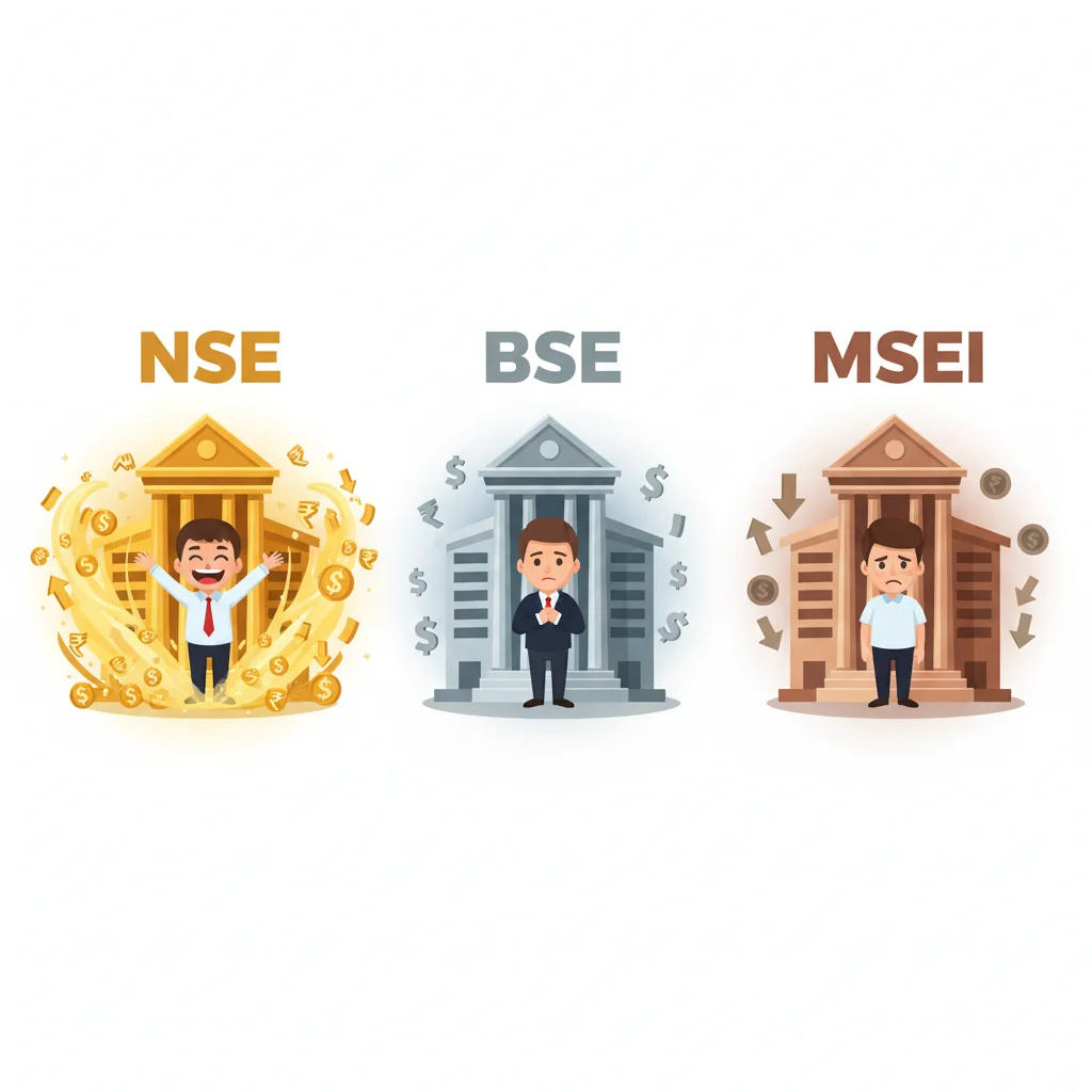 Three cartoon exchange buildings showing NSE as a vibrant, busy marketplace, BSE as moderately active, and MSEI as quieter, representing their relative trading volumes in India's regulated forex market.