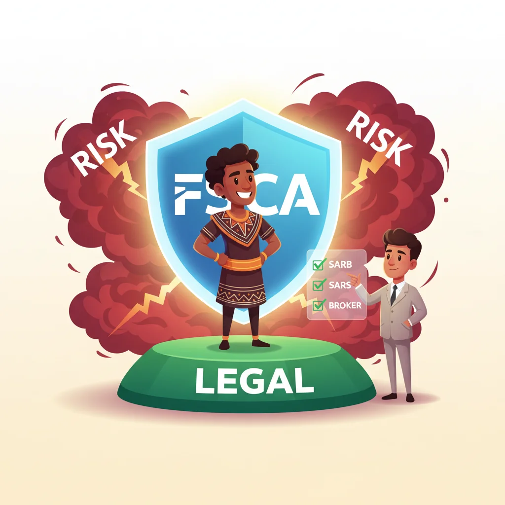 Cartoon trader on green 'LEGAL' stone, protected by FSCA shield, avoiding red risk clouds