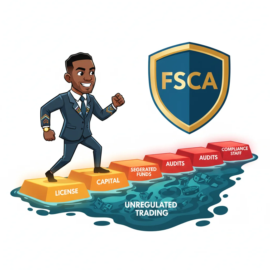 Cartoon character stepping across glowing stones labeled with FSCA compliance requirements (LICENSE, CAPITAL, SEGREGATED FUNDS, AUDITS, COMPLIANCE STAFF) with FSCA shield in background