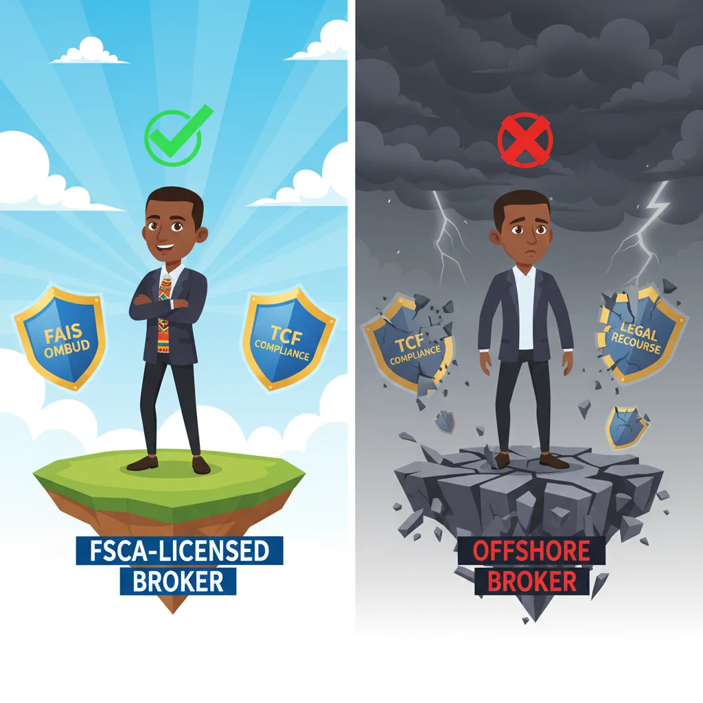 Cartoon comparison of a protected trader with FSCA-licensed broker on solid ground versus an unprotected trader with offshore broker on unstable ground