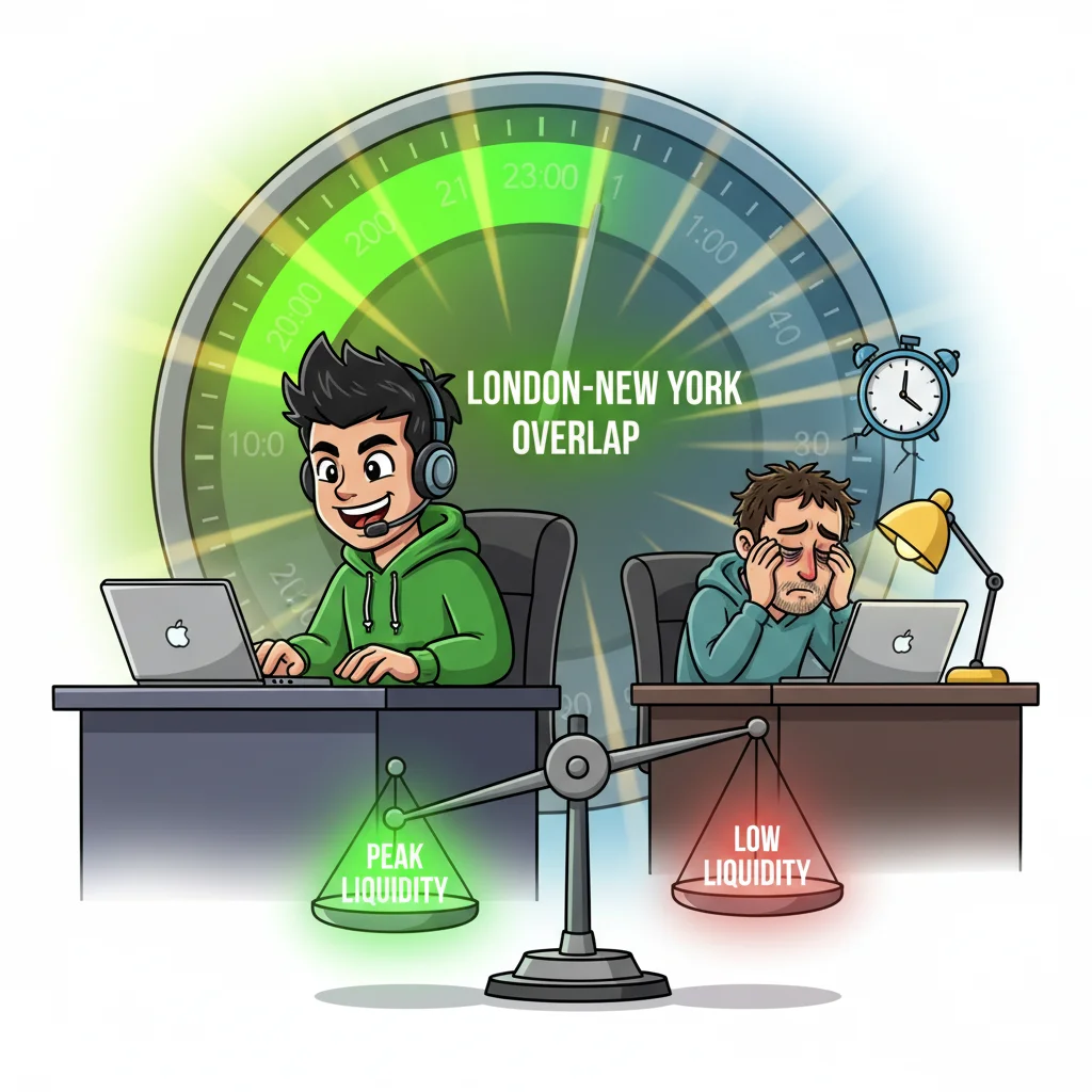 Cartoon trader at peak trading hours with glowing 24-hour clock highlighting profitable time window