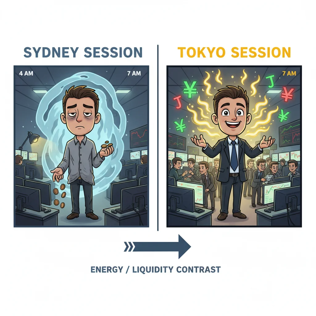 Cartoon comparison of a trader's energy levels during Sydney trading session versus Tokyo trading session, showing the dramatic difference in market activity and opportunity