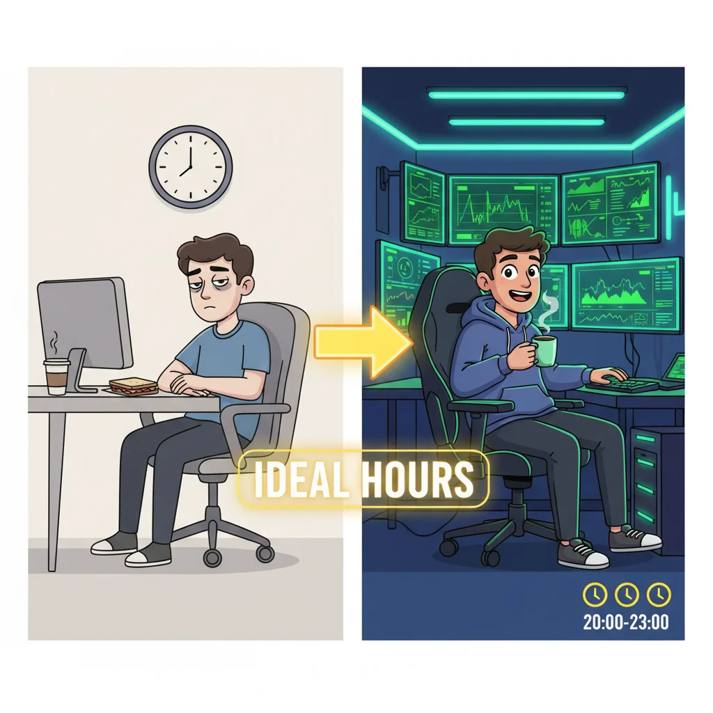 Cartoon comparison of tired daytime worker versus energized evening trader, showing optimal forex trading hours for working professionals