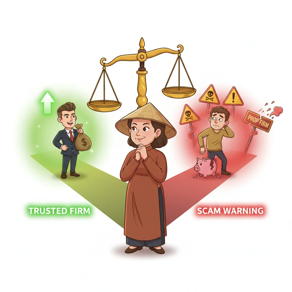 Cartoon illustration: trader at crossroads choosing between trusted funded path (green, upward) vs. scam prop firm risk (red, warning signs)