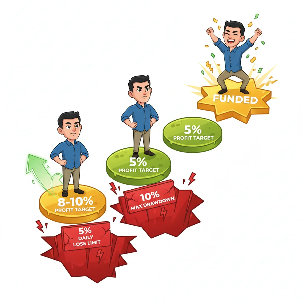 Cartoon illustration of trader progressing through two evaluation challenge stages with profit targets and risk limit barriers