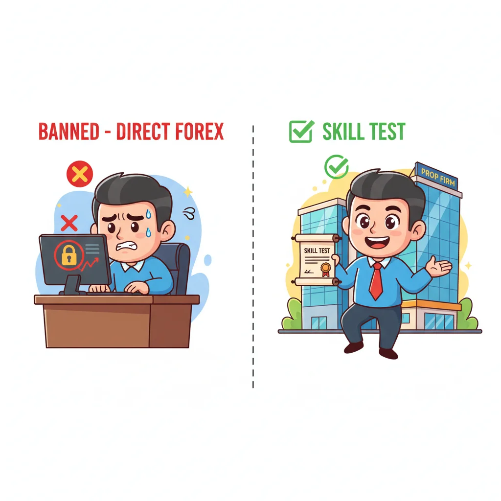 Side-by-side comparison showing banned direct forex trading versus legal prop firm skill evaluation for Vietnamese traders