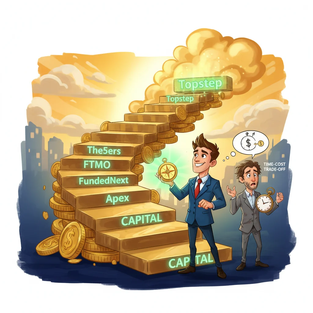 Cartoon trader climbing golden coin staircase labeled with prop firm names, comparing scaling speeds.