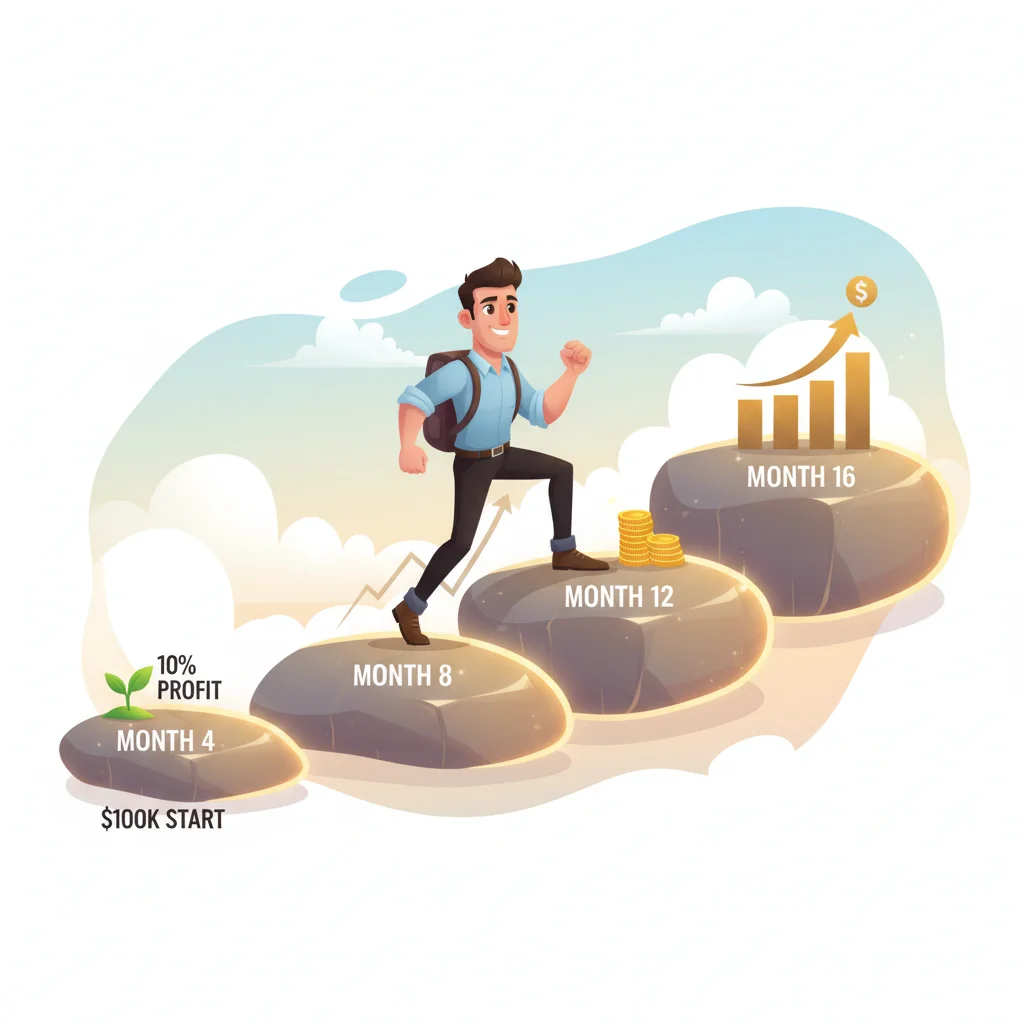 Cartoon trader climbing ascending stepping stones labeled with 4-month intervals, showing gradual account scaling progression