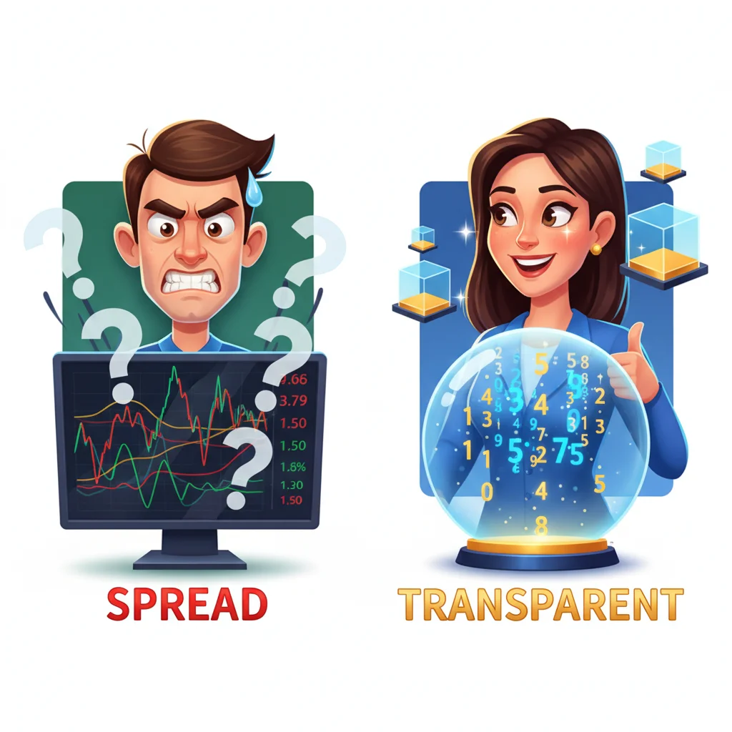 Cartoon comparison showing frustrated CFD trader with blurry prices versus confident futures trader with transparent pricing, with stacked account boxes visualizing multi-account scaling strategy