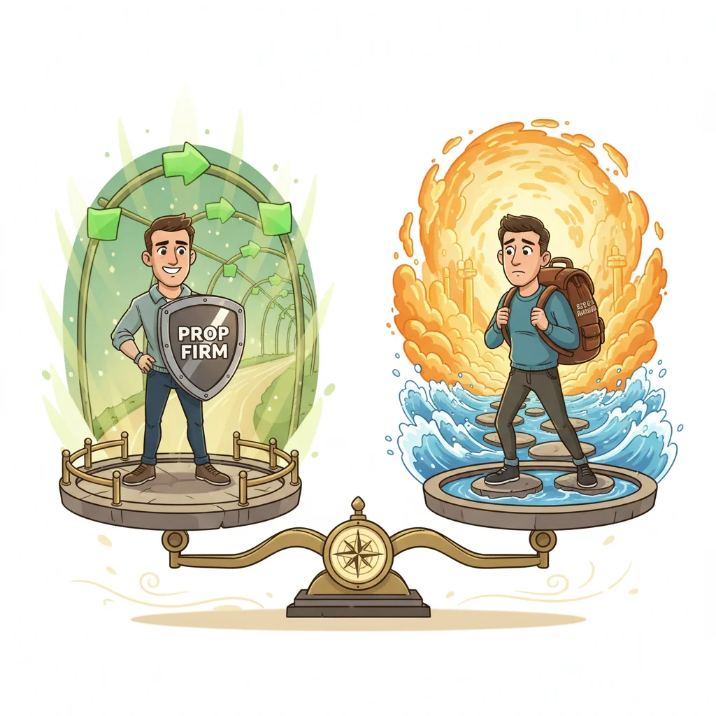 Cartoon trader at crossroads choosing between prop firm (safe guardrails) and self-funded account (open path)