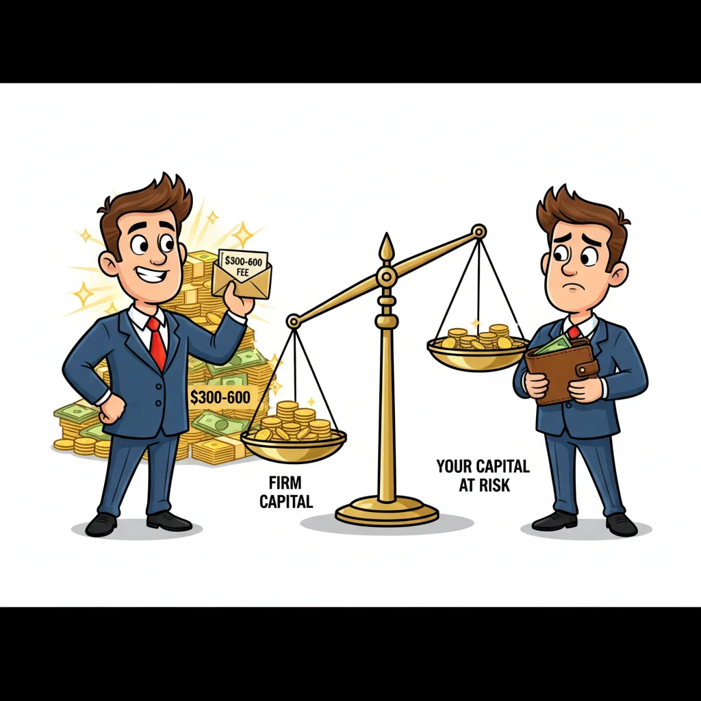 Side-by-side cartoon comparison of a trader with firm capital versus personal capital, showing emotional difference in financial risk