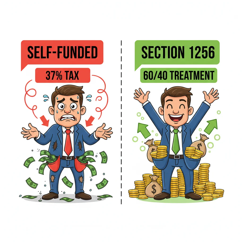 Cartoon comparison of two traders: one losing money to high taxes (37%) versus one keeping more money with favorable 60/40 tax treatment