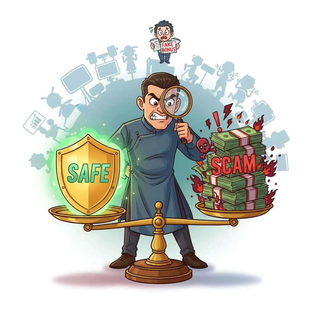 Cartoon trader examining balance scale weighing safe vs scam forex brokers with magnifying glass