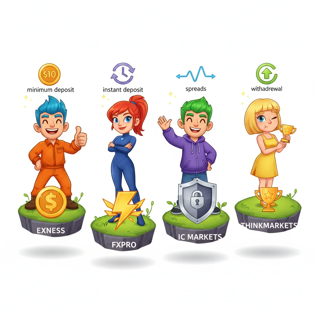 Four cartoon traders on stepping stones comparing Exness, FxPro, IC Markets, and ThinkMarkets with emotional expressions and visual advantage icons