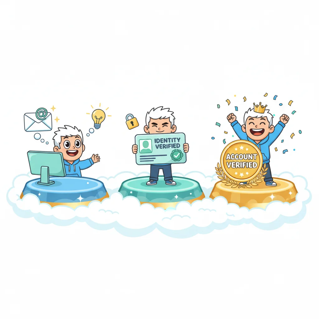 Step-by-step illustration of forex account opening process with cartoon character progressing through email registration and ID verification stages