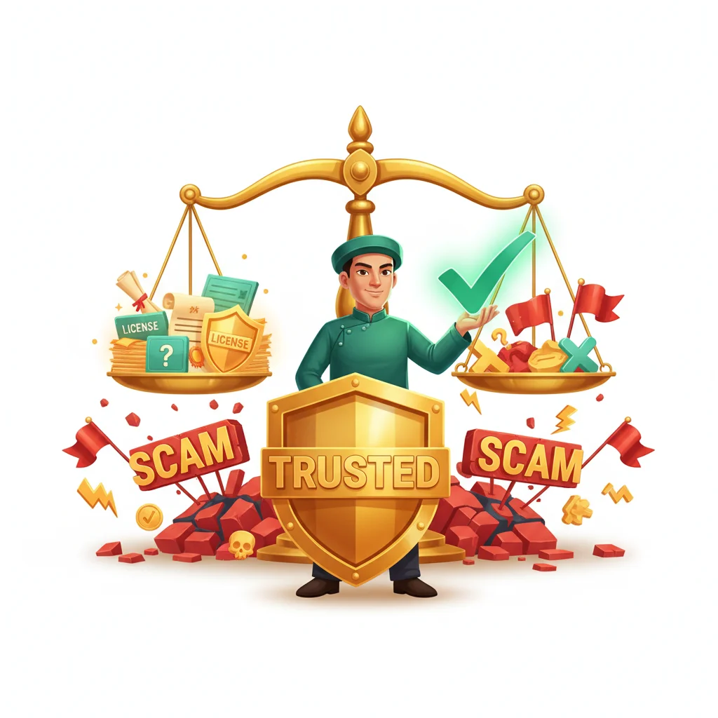 Cartoon trader on trusted shield; scam platform crumbles; balance scale shows legitimate licenses vs red flags