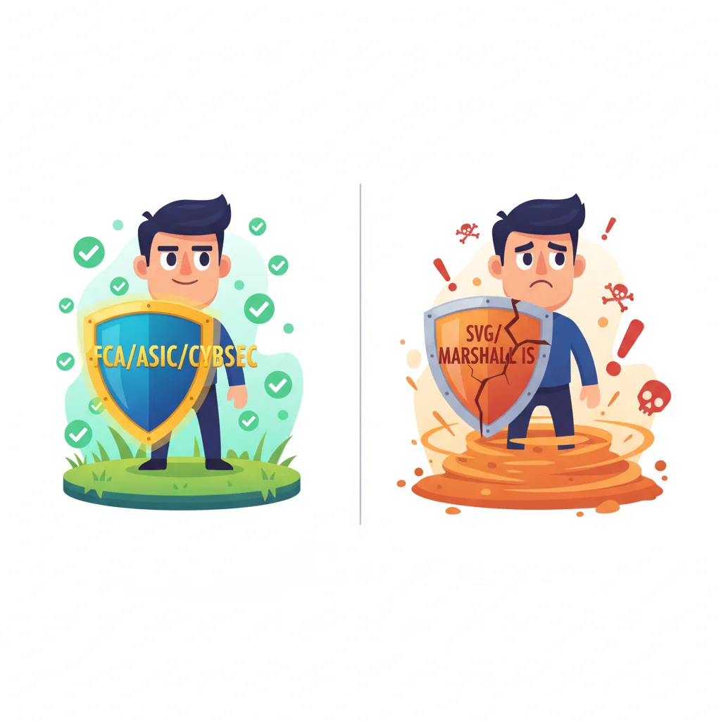 Cartoon comparison showing confident trader with legitimate license shield versus uncertain trader with weak offshore license shield