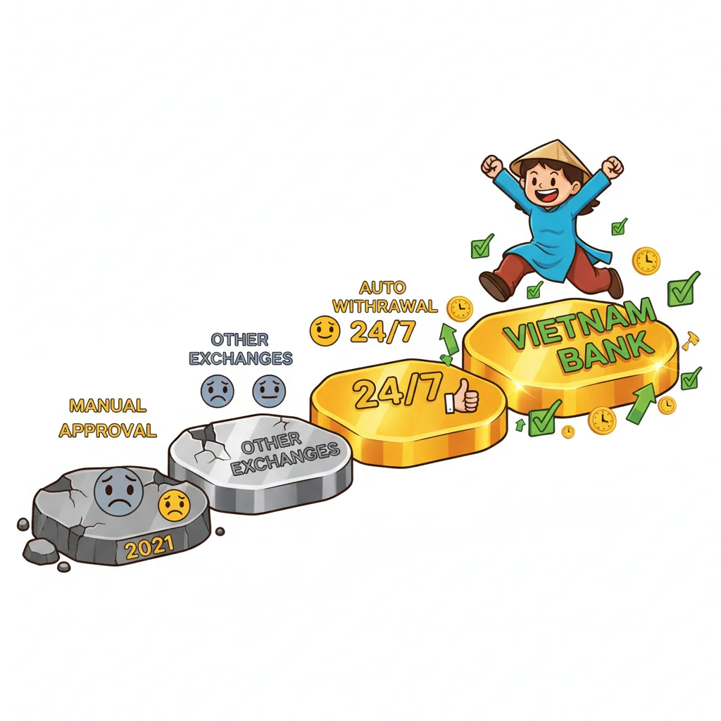 Cartoon trader character celebrating while jumping across progressively stronger stepping stones representing Exness's automatic withdrawal advantage over other platforms