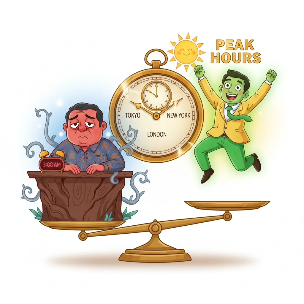 Tired vs energized trader with clock showing multiple forex market sessions and time zones