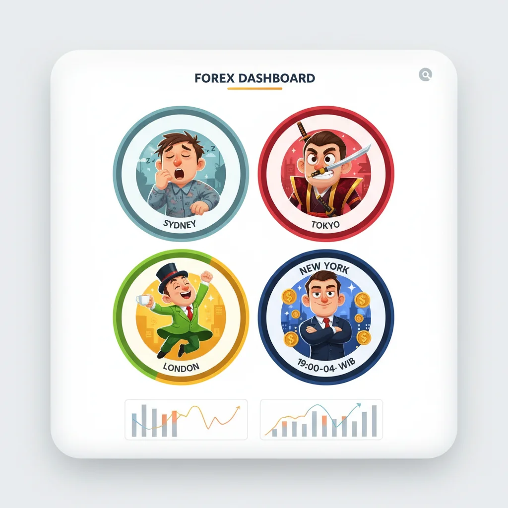 Four cartoon traders with different energy levels representing the four main forex trading sessions, with clocks showing WIB times for each session