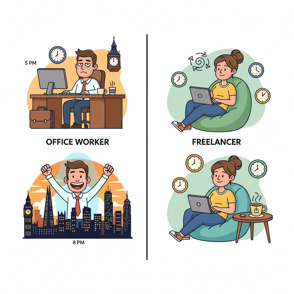 Two cartoon characters showing different trading schedules - office worker trading in evening after 5 PM, freelancer with flexible timing throughout day