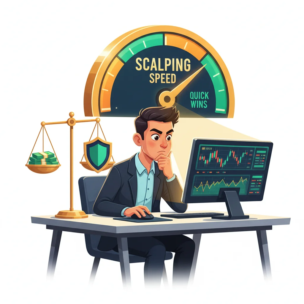 Cartoon trader at desk with glowing speedometer gauge showing scalping success, balance scale representing risk management