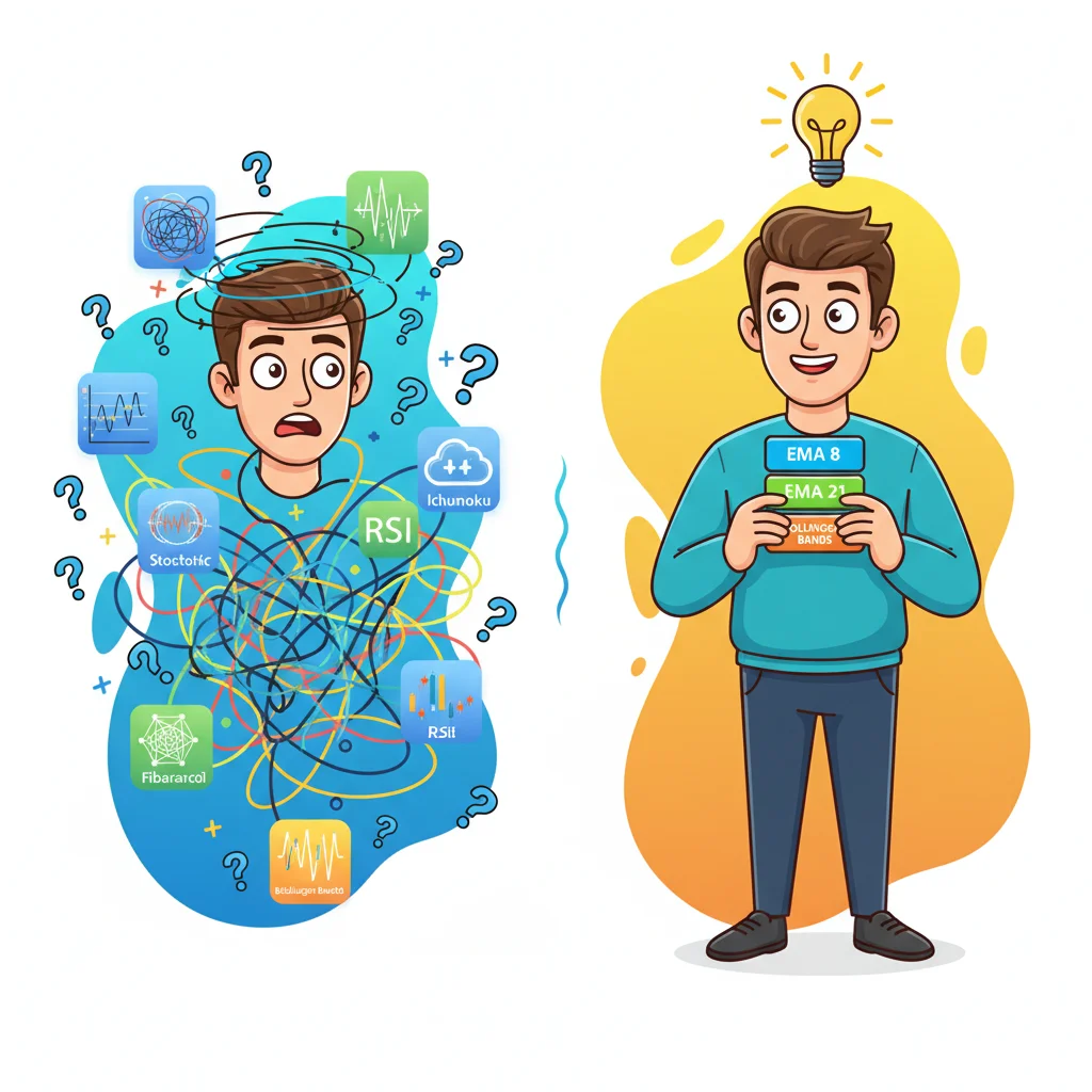 Cartoon comparison of confused trader overwhelmed by six indicators on left versus calm trader holding three clean indicator cards on right