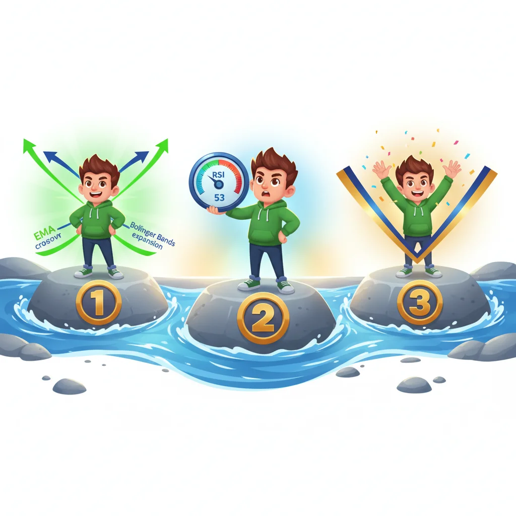 Cartoon trader character standing on three stepping stones labeled with scalping entry confirmations: EMA crossover, RSI gauge at 53, and Bollinger Bands expansion.