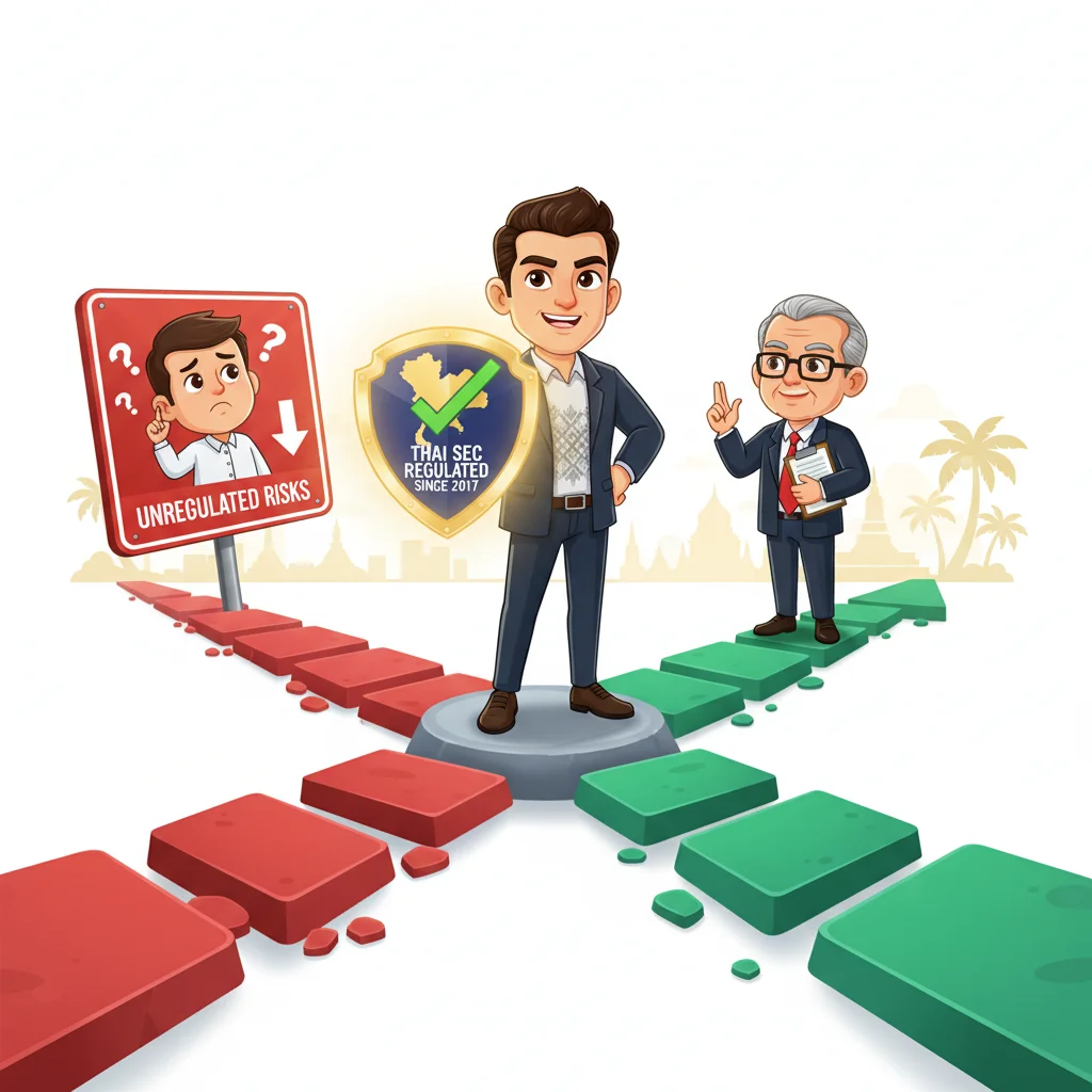 Thai trader at crossroads with legal shield, stepping toward profitable forex trading path safely.