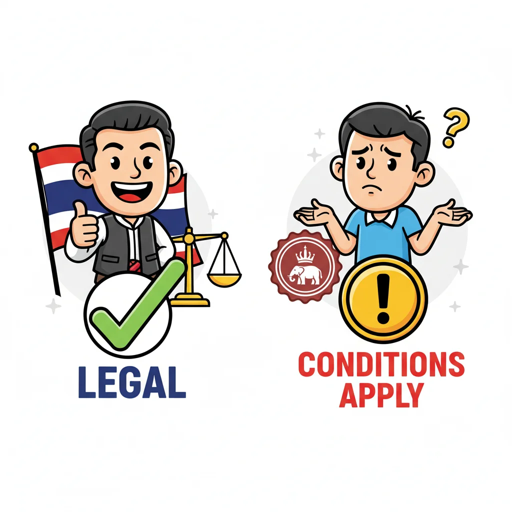 Side-by-side cartoon comparison showing a confident approved trader on the left marked as 'LEGAL' and a cautious trader on the right marked with 'CONDITIONS APPLY', illustrating Thailand's legal forex trading framework
