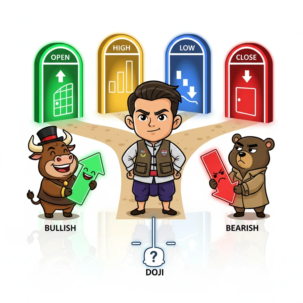 Cartoon trader character standing before four glowing doors labeled with OPEN, HIGH, LOW, CLOSE, with happy green candlestick character and cautious red candlestick character on sides