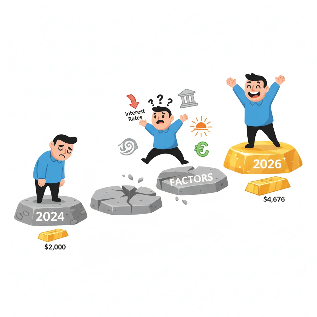 Cartoon character journey from 2024 to 2026 showing gold price surge with stepping stones representing key market factors