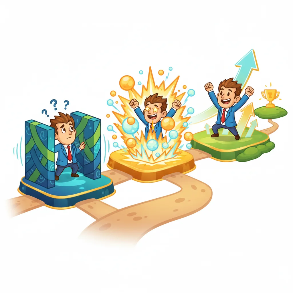 Cartoon character progressing through three stages: trapped in narrow consolidation, breaking through resistance, and trading successfully - visual metaphor for XAUUSD breakout strategy