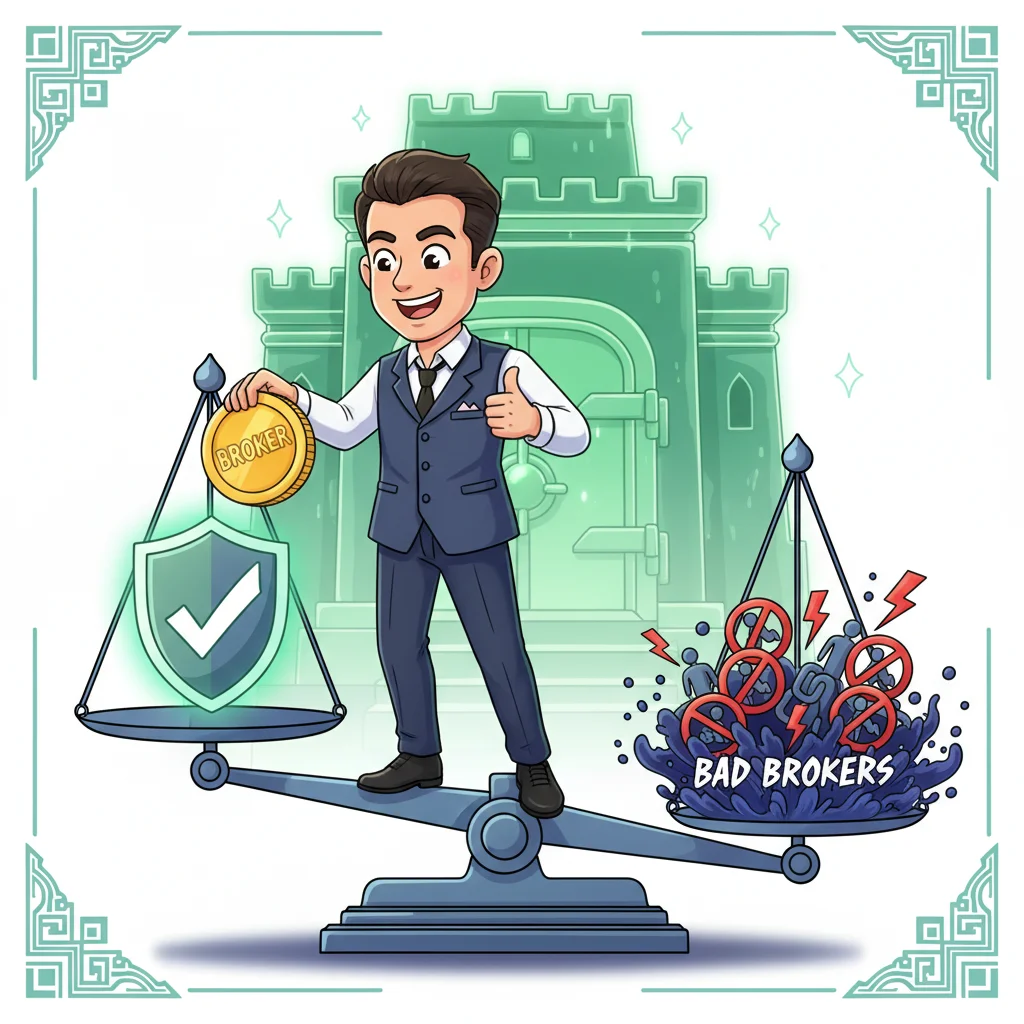 Thai trader balancing broker selection on scale with shield, avoiding red danger symbols