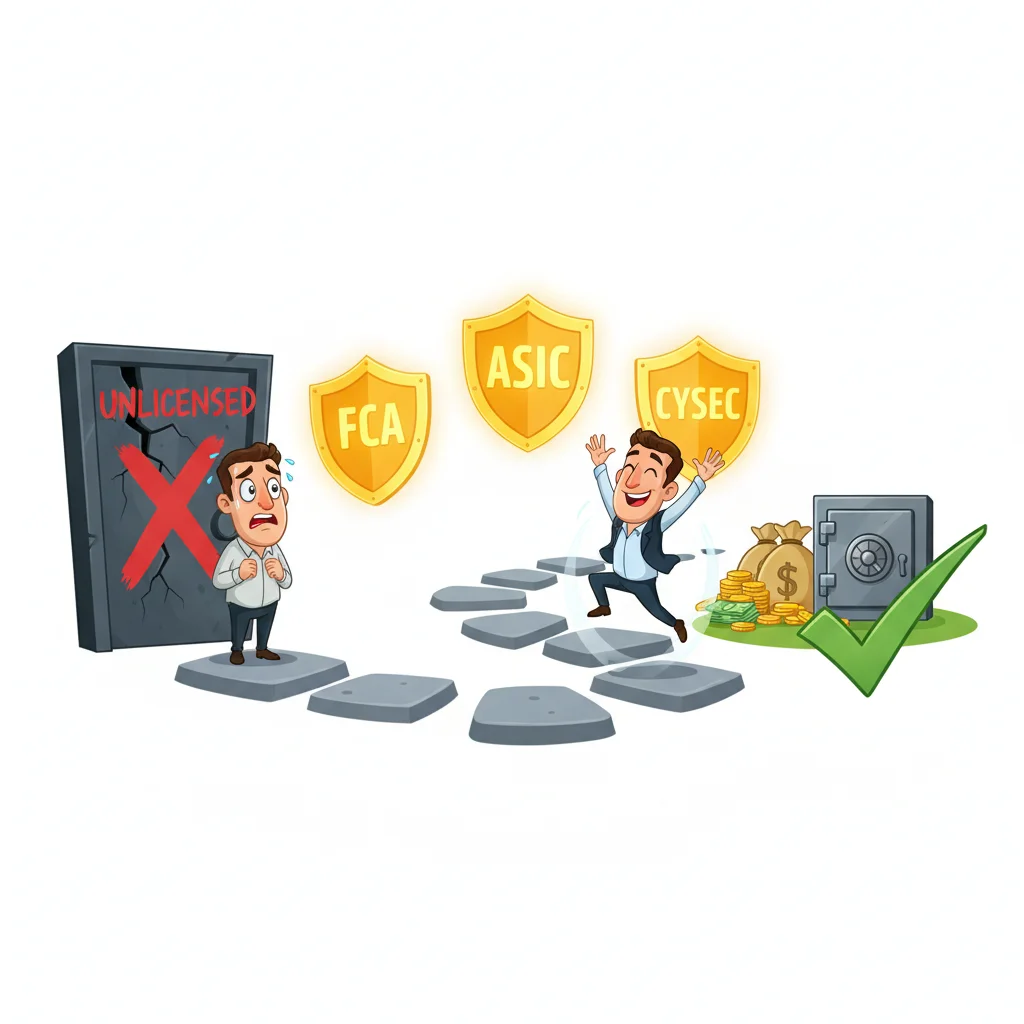 Cartoon stepping stones illustration showing trader avoiding unlicensed broker and safely crossing through three regulatory shields (FCA, ASIC, CySEC) to reach security.